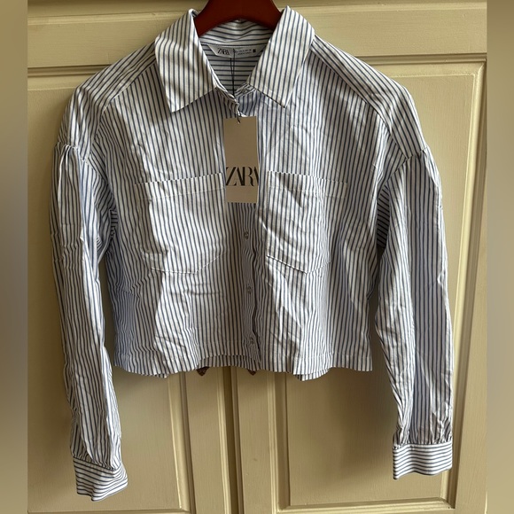 Zara Blue & White Pinstripe Long Sleeve Button Up Shirt NWT Size Small - Picture 1 of 4